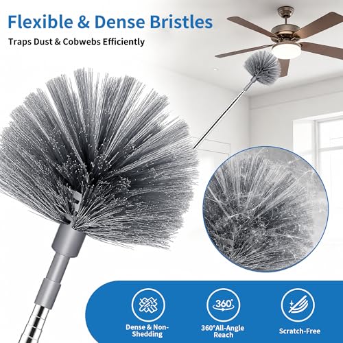 Cobweb Duster with Extension Pole, Upgraded Heavy Duty Thickened Stainless Steel Telescopic Handle for High Ceilings & Ceiling Fans, 90" Total Reach (15.7" Compact), Medium Stiff Bristles (Grey) - color: Gray