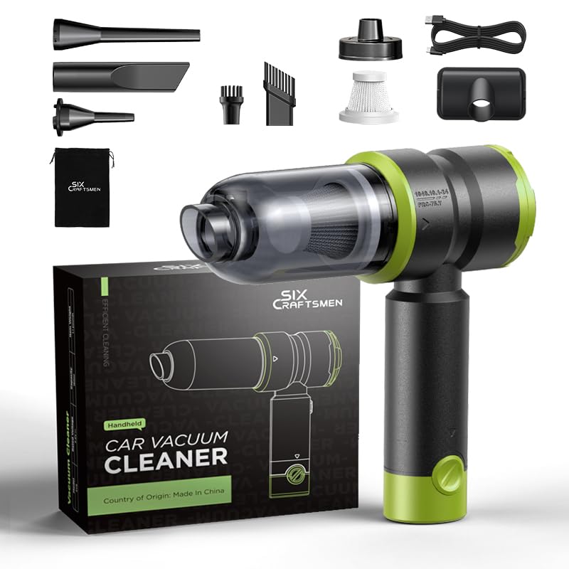Handheld Car Vacuum Cleaner, 4-in-1 Cordless Rechargeable Mini Vacuum with Air Duster – Quickly Clean Crumbs, Pet Hair & Crevices in Car, Office, Home. Ideal for Commuters & Office Workers (Green)
