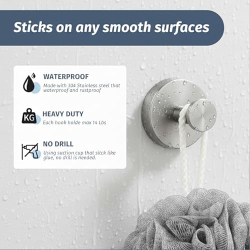 Rise age Suction Cup Shower Hooks, Suction Towel Hooks for Bathrooms | Waterproof, No Drill, Heavy Duty, Stainless Steel, Removable, Renter Friendly, Easy to Install, Silver 4 Pcs - color: Silver