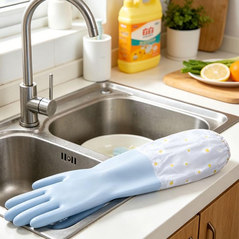 1 Pair Thickened PVC Waterproof Household Cleaning Gloves, Non-Slip Long Cuff Dishwashing Gloves, Elastic Wrist Cuff Reusable Kitchen Laundry Working Gloves, Jelly Blue
