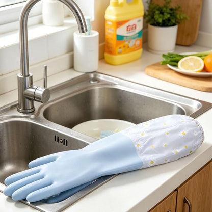 1 Pair Thickened PVC Waterproof Household Cleaning Gloves, Non-Slip Long Cuff Dishwashing Gloves, Elastic Wrist Cuff Reusable Kitchen Laundry Working Gloves, Jelly Blue