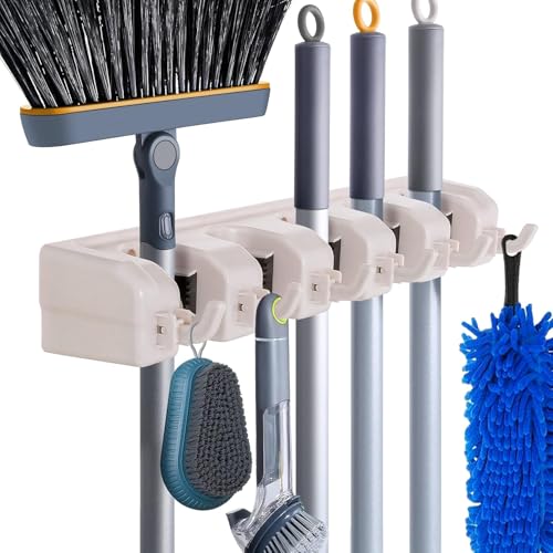 HYRIXDIRECT Broom Hanger Wall Mount Broom and Mop Organizer Wall Hanging Garden Tool Organizers Rack Garage Laundry Room Organizations and Storage with Hooks Heavy Duty - color: Beige