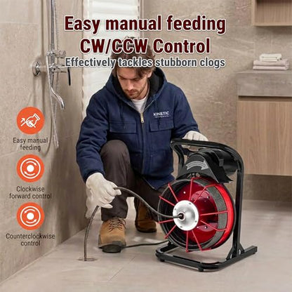 75FT x 1/2 Inch Drain Cleaner Machine, Manual Feed Electric Drain Auger for 2"-6" Pipes, Sewer Snake Auger with 4 Cutters & Pneumatic Foot Switch - style: 75FT x 1/2inch