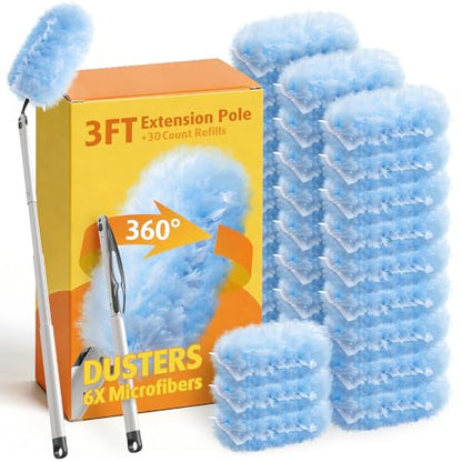 30 Count Heavy Duty Duster Refills with 3 ft Extendable Handle Starter Kit, Compatible with Swiffer Disposable Microfiber Feather Dusters for Cleaning Home - color: 30 Count+ 1 Handle