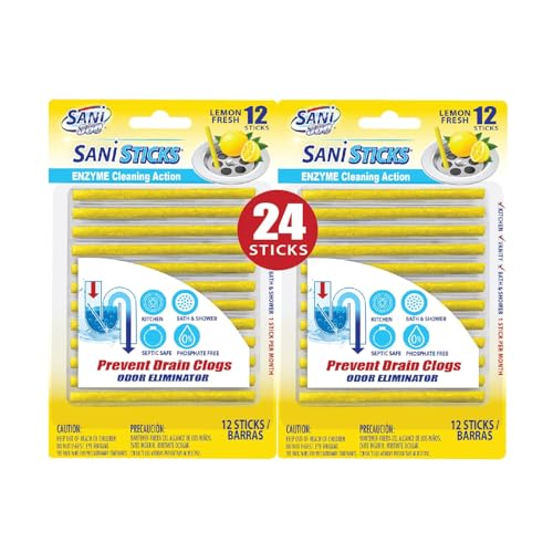 SANI 360° Sani Sticks Drain Cleaner and Deodorizer, 24 Count, Lemon Scent Enzyme Pipe Cleaners, Eliminate Odors, Prevent Clogged Drains, Safe for Sinks, Bathtub Drains, Septic Tanks - size: 24 Count