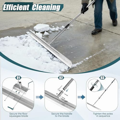 Heavy-Duty 33.4" Floor Squeegee for Concrete, Industrial Silicone Blade Squeegee for Floor with 63" Stainless Handle, Anti-Splash Curved Baffle Design for Garage, Factory, and Tough Cleaning Jobs - size: Standard