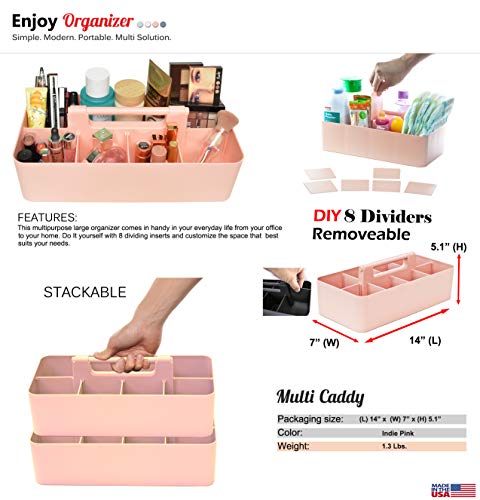 2 PACK - Portable DIY 8 Dividers Durable Plastic Organizer Tote Tool Home Office School Toy Arts Craft Pencil Kids Baby & Supply Cleaning Caddy with Handle Made In USA (Indie Pink) - color: Indie Pink