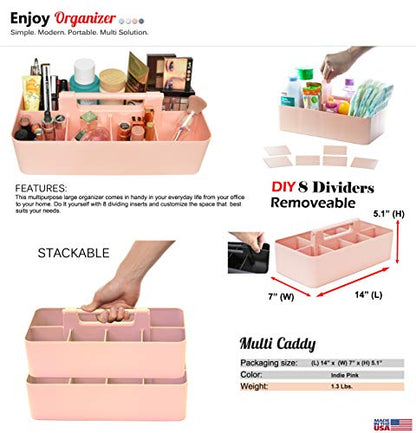 2 PACK - Portable DIY 8 Dividers Durable Plastic Organizer Tote Tool Home Office School Toy Arts Craft Pencil Kids Baby & Supply Cleaning Caddy with Handle Made In USA (Indie Pink) - color: Indie Pink