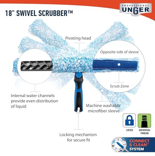 Unger Professional Connect & Clean 18" Window Scrubber Washer for Glass Cleaning and 18” Window and Glass Cleaning Squeegee with EZ Change, Swiveling Head for Corners and Edges