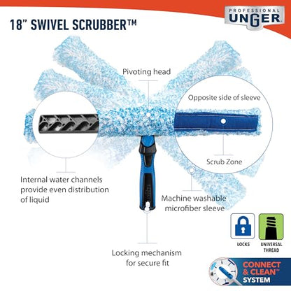 Unger Professional Connect & Clean 18" Window Scrubber Washer for Glass Cleaning and 18” Window and Glass Cleaning Squeegee with EZ Change, Swiveling Head for Corners and Edges