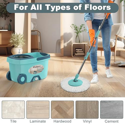 Spin Mop and Bucket System, Mop and Bucket with Wringer Set,Mops for Floor Cleaning,Household Supplies Tools with 6 Replacement Refills,61" Extended Handle for Household Hardwood Floor - Green - size: Light Green Mop Bucket + 6 Mop Heads