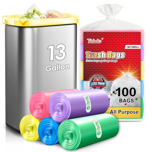 Colorful Clear Strong Tall Kitchen Trash Bags 13 Gallon 100 Counts,Fit 10,13,15,16,18 Gal Garbage Bags by Teivio, Bin Liners, Plastic Bags for home Office Bathroom,Multicolor - size: 1 Count (Pack of 100), style: 100pcs-13 Gallon-Multicolor