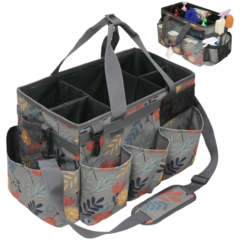 Wearable Cleaning Caddy Bag, Kitchen Supplies Organizer with Handle&Shoulder Strap, Under Sink&Car Cleaning Tool Tote with 4 Foldable Dividers for Housekeepers Cleaners (Grey Floral)