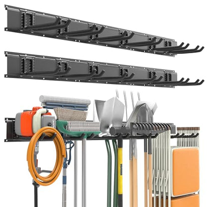 EVERHANGER Garage Tool Storage Organizer, Wall Mount Garden Tool Rack Organization, Heavy Duty Folding Chair Hangers with 12 Adjustable Hooks, Max Load 900lb, 96inch - size: 12Hooks