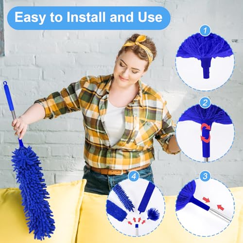 5-in-1 Kit Dusters for Cleaning, Duster with Extension Pole, Extendable Duster with 100 Inches, Microfiber Dusters, Webster Cobweb Duster for Cleaning Ceiling Fans, Furniture, Blinds - Blue - color: Blue