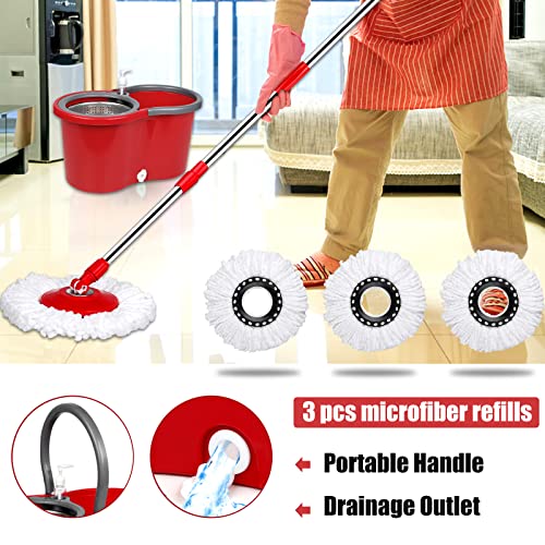 Spin Mop and Bucket, Microfiber Spin Mop & Bucket Floor Cleaning System, Spin Mop Kit with 3 Mop Heads, Mop with Stainless Steel Wringer, 61 inches Telescoping Mop Rod (Red) - color: Red