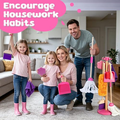 Masthome Wooden Kids Cleaning Set, 8 Pcs Toddler Housekeeping Pretend Play Toys, Broom Mop Dustpan Duster Cleaning Tools with Storage Stand, Educational Life Skill Play Kit for Boys GirlsAges 3+