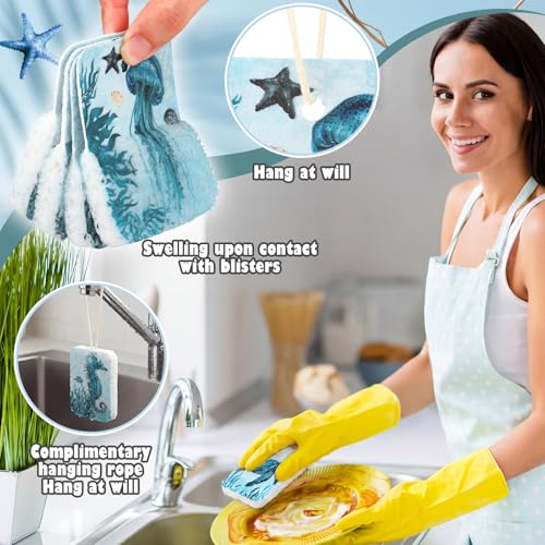 Hahafelt 36 Counts Compressed Cellulose Sponges Bulk Craft Pop up Ocean Pattern Natural Kitchen Compostable Non Scratch Dish Sponges for Washing Dishes, Cleaning Countertop Sink - style: Ocean