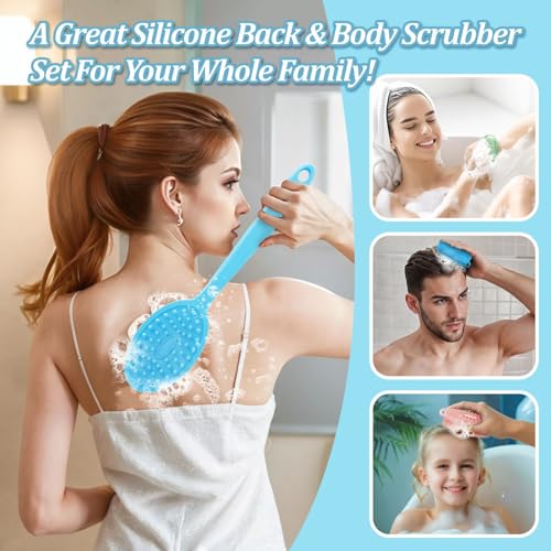 Silicone Back Scrubber & Bath Glove Set 2PCS, 13.4'' Gentle Shower Back Scrubber with Dual-Side Head Non-Slip Handle, 360° Anti-Slip Hand-fit Bath Glove for Rich Foaming Deep Cleaning(Blue) - color: Blue*2