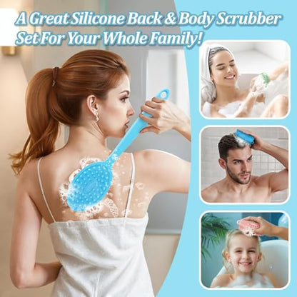 Silicone Back Scrubber & Bath Glove Set 2PCS, 13.4'' Gentle Shower Back Scrubber with Dual-Side Head Non-Slip Handle, 360° Anti-Slip Hand-fit Bath Glove for Rich Foaming Deep Cleaning(Blue) - color: Blue*2