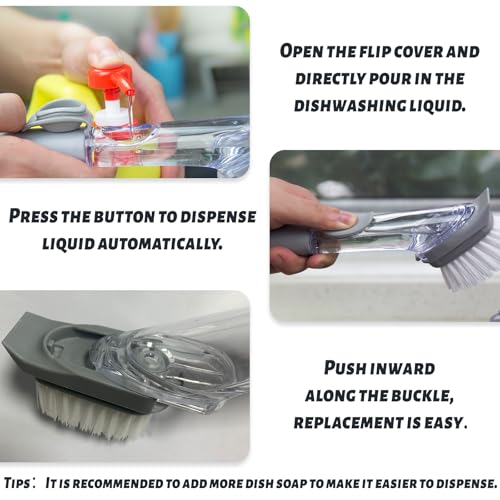 Dish Brush,Dish Scrubber with Soap Dispenser Dish Wand Kitchen Brushes for Dishes Includes Three Brush Heads