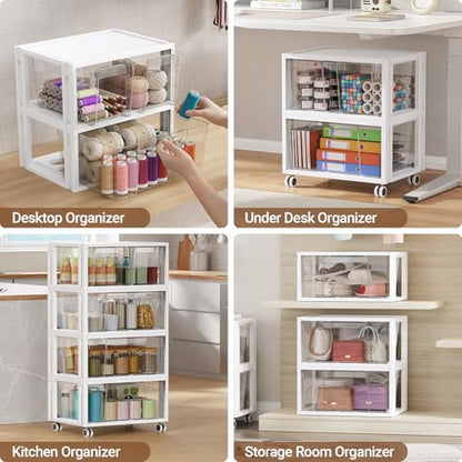 Extra Large Storage Drawer Cart with Wheels, Stackable Storage Boxes 2 Tier-2 Drawer Clear Plastic Organizer Container Rolling Cabinet for Art Crafts Supplies Under Desk Home Office Bedroom Bathroom