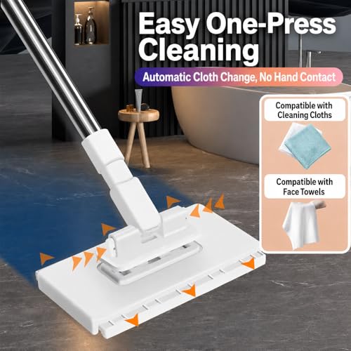 Planvisi Mop with 10 Reusable Cloths, 37-Inch Long Handle, Cloth Changing Dust Cleaner with Locking Head, No-Touch Clip Design for Face Towels, Old Clothes, Floors, Walls, Cabinets and Gaps