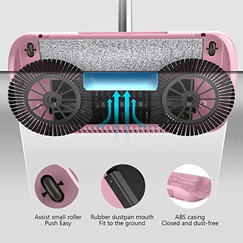 Hand Push Sweeper, 3 in 1 Hand Sweeping Mop with Vacuum Cleaner & Crumb Sweeper, Floor Cleaning Tools for Cleaning Floor Rugs Hair, Fruit Shell, Dust (Pink)