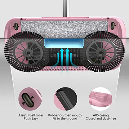 Hand Push Sweeper, 3 in 1 Hand Sweeping Mop with Vacuum Cleaner & Crumb Sweeper, Floor Cleaning Tools for Cleaning Floor Rugs Hair, Fruit Shell, Dust (Pink)