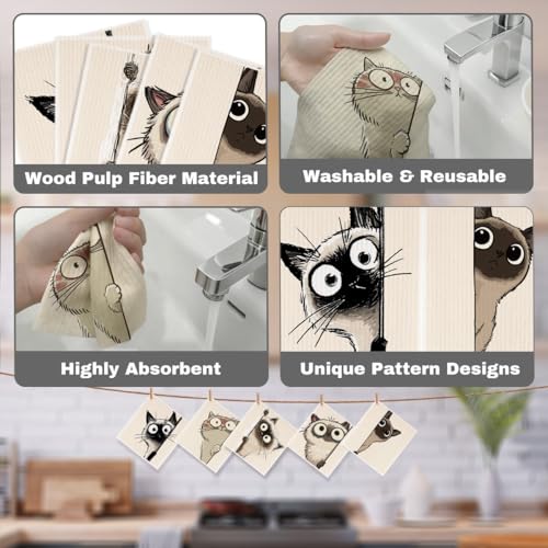 5 Pcs Cartoon Cute Peeking Kitten Swedish Dishcloths, Kitty Swedish Dishcloth, Funny Cat Dish Cloths for Drying Dishes, Reusable Cleaning Cloths, Cat Lover Gifts for Women 5 - color: Lm 03436