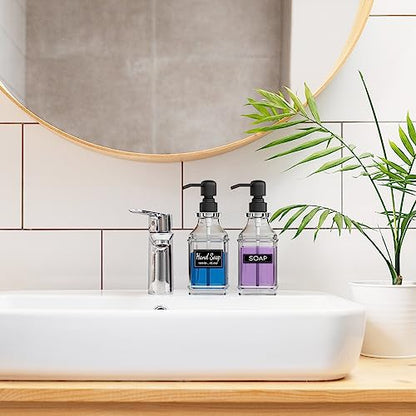 LMQML Soap Dispenser - 2 Pack, Antique Design Thick Glass Hand Soap Dispensers with Sturdy Tray; 304 Rust Proof Stainless Steel Black Pump, 12Pcs Stickers, for Kitchen, Bathroom - color: Black