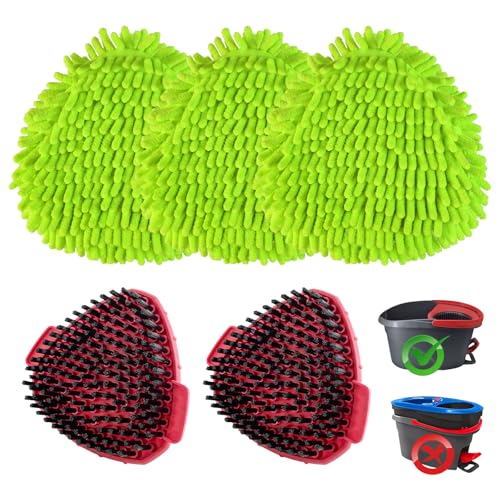 Chenille Mop Heads Replacements for Ocedar, Mop Replace Head for O Cedar Mops, Chenille Duster for O Cedar Easywring 1 Tank Spin Mops Includes 3 Pack Chenilles Pad Refills,2 Scrub Brush