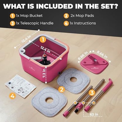 Spin Mop and Bucket Set with Wringer – Dual-Chamber Self Wringing Mop, Flat Microfiber Mop for Hardwood, Tile & Vinyl Floors, 2 Washable Replacement Heads, 63" Handle, Pink - color: Pink