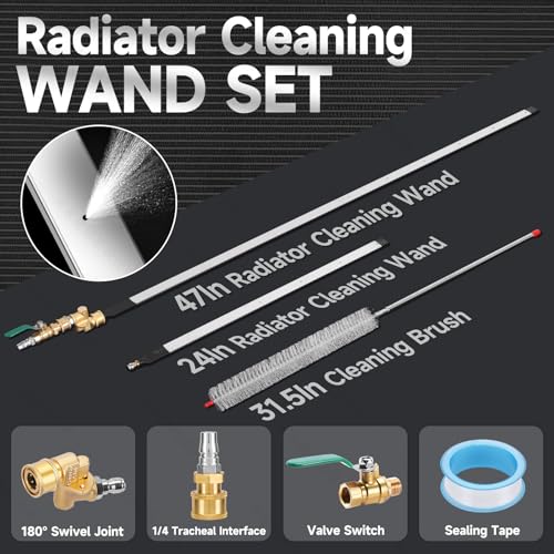 47" + 24" Radiator Cleaning Wand Set, Dual Water/Air Flush Modes, 4500 PSI, Radiator Cleaning Tool Suitable for Use on Cars, Trucks, Construction and Agricultural Machinery, Household Air