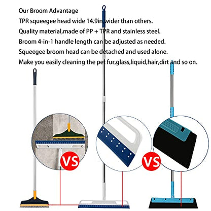 Multifunction Rubber Air Broom, Silicone Broom with 56" Long Handle, 4 in 1 Rubber Squeegee Sweeper for Floor Bathroom Kitchen Shower Tile Pet Hair Fur Marble Glass Water Window Foam Cleaning (Blue) - color: Blue