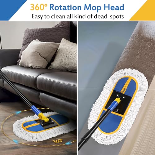 SOBONNE Dust Mop for Floor Cleaning with Washable Cotton Mop Pads | Wet Dry Use, 16" Floor Duster Metal Frame,56 Inch Long Handle for Hardwood Wood Tile Vinyl Laminate Marble,Blue - size: 16 Inch (Mop with 2 Pads)