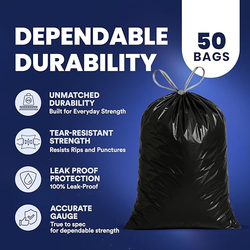 Plasticplace W13DSBKJR 13 Gallon Trash Bags │ 1.2 Mil │ (50 Count) Black Extra Tall Garbage Can Liners │ 24” x 31” - color: Black, size: 50 Count (Pack of 1)