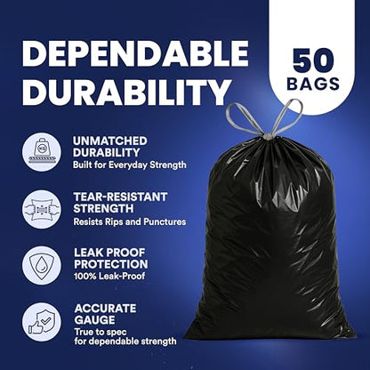 Plasticplace W13DSBKJR 13 Gallon Trash Bags │ 1.2 Mil │ (50 Count) Black Extra Tall Garbage Can Liners │ 24” x 31” - color: Black, size: 50 Count (Pack of 1)