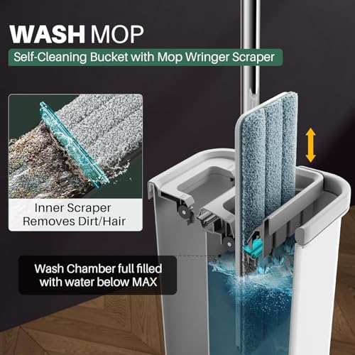 JOYMOOP Flat Mop System, Mop and Bucket Set, White, Commercial & Household Floor Cleaning Mop with Freesia Scent Cleaning Pods, Includes 3 Reusable Microfiber Pads and 15 Detergent Pods - color: White Litep1331