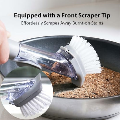 Soap Dispensing Dish Brush Set - Ergonomic Kitchen Scrub Brush with 4 Replaceable Heads (2 Bristles & 2 Sponges), Non-Slip Palm Scrubber for Pot, Pan, and Sink Cleaning