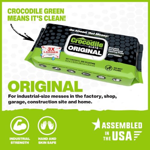 Crocodile Cloth Original Cleaning Wipes, Heavy-Duty Multi-Surface Hand & Tool Wipes, Water-Based, Safe on Skin, 50 Count, 15 x 10 Inch - size: 50 Count (Pack of 1)