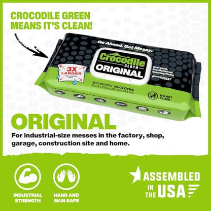Crocodile Cloth Original Cleaning Wipes, Heavy-Duty Multi-Surface Hand & Tool Wipes, Water-Based, Safe on Skin, 50 Count, 15 x 10 Inch - size: 50 Count (Pack of 1)