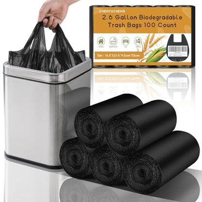 2.6 Gallon Small Black Bathroom Trash-Bags - Compostable Mini Garbage Bags With Handle 100 Count Biodegradable Little Waste Basket Kitchen Office Car Unscented Tiny Liners Strong Thick Chenyucheng - style: 2.6gallon Black 100 Count