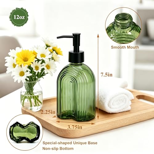Black Pump Glass Soap Dispenser, 12oz Green Stripe Countertop Refillable Liquid Bottle Hand Dish Lotion Dispenser with Plastic Pump, for Kitchen, Bathroom Countertop - color: Green B