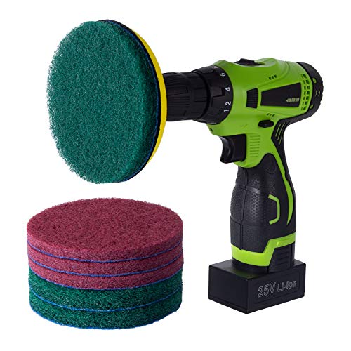 Kichwit 5 Inch Drill Powered Brush Tile Scrubber Scouring Pads, 2 Different Stiffness, 5-Inch Pad Holder with 6 Scrubbing Pads, Cleans Large Flat Areas Perfectly (Drill NOT Included) - size: 5 Inch