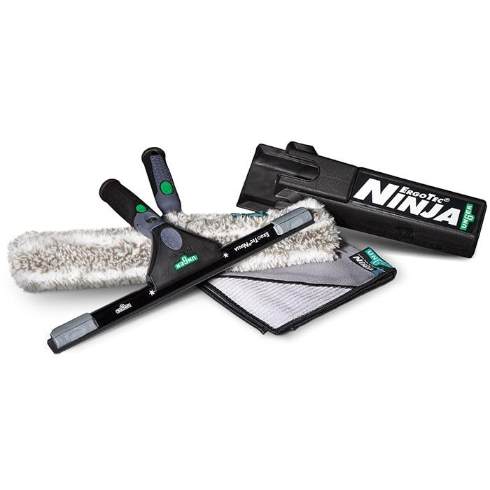 Unger Commercial ErgoTec Advanced Window Cleaning Ninja Kit 4-in-1 – Squeegee, Scrubber, Tool Holder, Microfiber Cloth – Professional Indoor/Outdoor Window Cleaning Equipment, WNK12