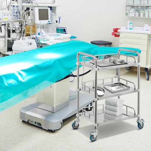 VEVOR Lab Rolling Cart, 3-Shelf Stainless Steel Rolling Cart, Lab Serving Cart with Swivel Casters, Dental Utility Cart for Clinic, Lab, Hospital, Salon, 26.38"x15.55"x34.13" - size: 3-tier shelves
