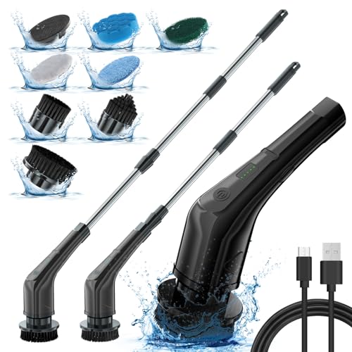 APLUSH Electric Spin Scrubber,Cordless Shower Cleaning Brush with 7 Replaceable Brush Heads, Adjustable 2 Speeds Extension Handle Power Cleaning Brush for Tub Tile Floor Car,Black - color: Black