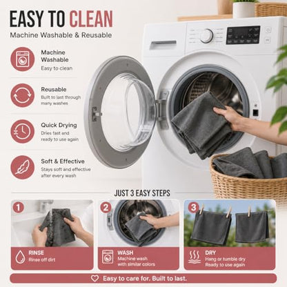 12 Pack Microfiber Cleaning Cloth, Ultra Absorbent Reusable Towels, Lint Free Streak Free Cleaning Rags for Car, Kitchen, Window, Home (Grey)