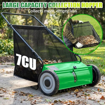 PPOLB 26" Push Lawn Sweeper, 7 cu.ft Large Capacity Yard Sweeper Push, 5:1 High-Density 4 Brushes, Adjustable Height, Heavy Duty Leaf Collector with Detachable Hopper, Rubber Wheels, Ergonomic Handle - color: Green